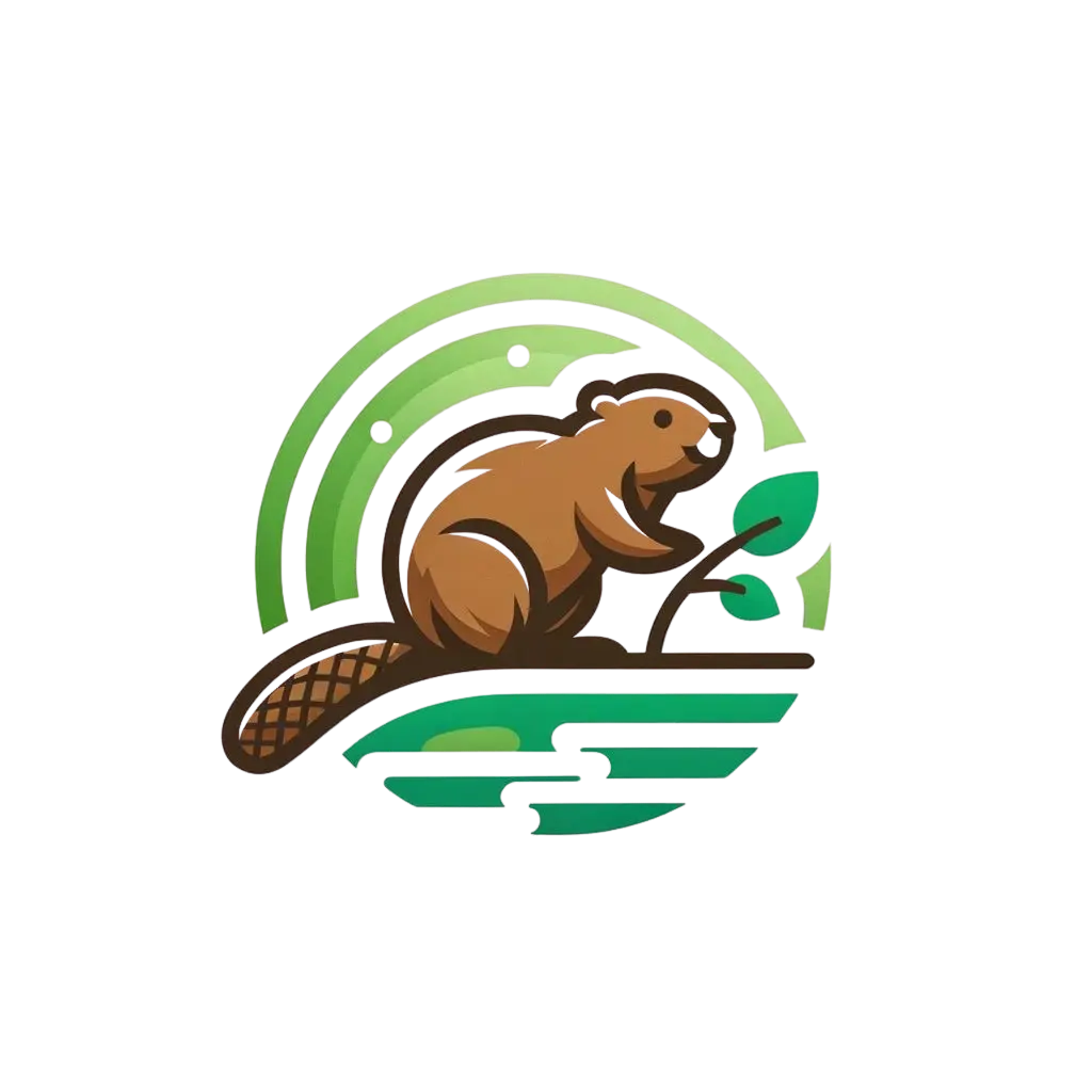 Cartoon beaver with branch in circular design.